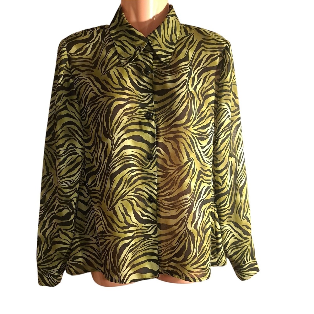 Women's Collared Blouse Size S Green/Black Zebra‎ Print Transparent